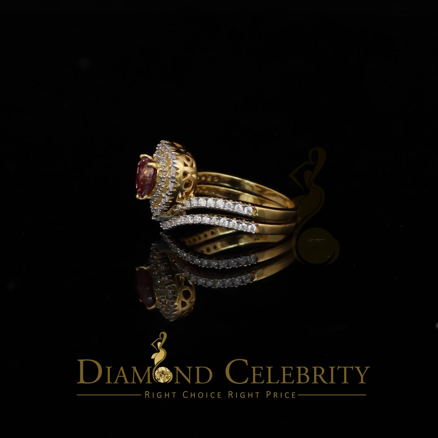 DiamondCelebritees Women's 925 Silver Yellow VVS 'D'1.66CT Pink Moissanite Heart Bridal Ring SZ 7
