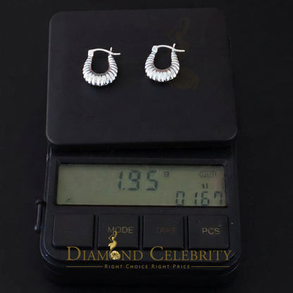 925 Silver 14mm Textured U-hoop or shrimp-style earrings with a ribbed pattern