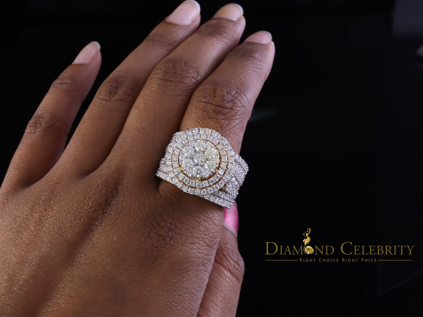 DiamondCelebritees 4.00ct VVS D Round Cluster Stone Yellow Silver Moissanite For Men's Rings SZ 8