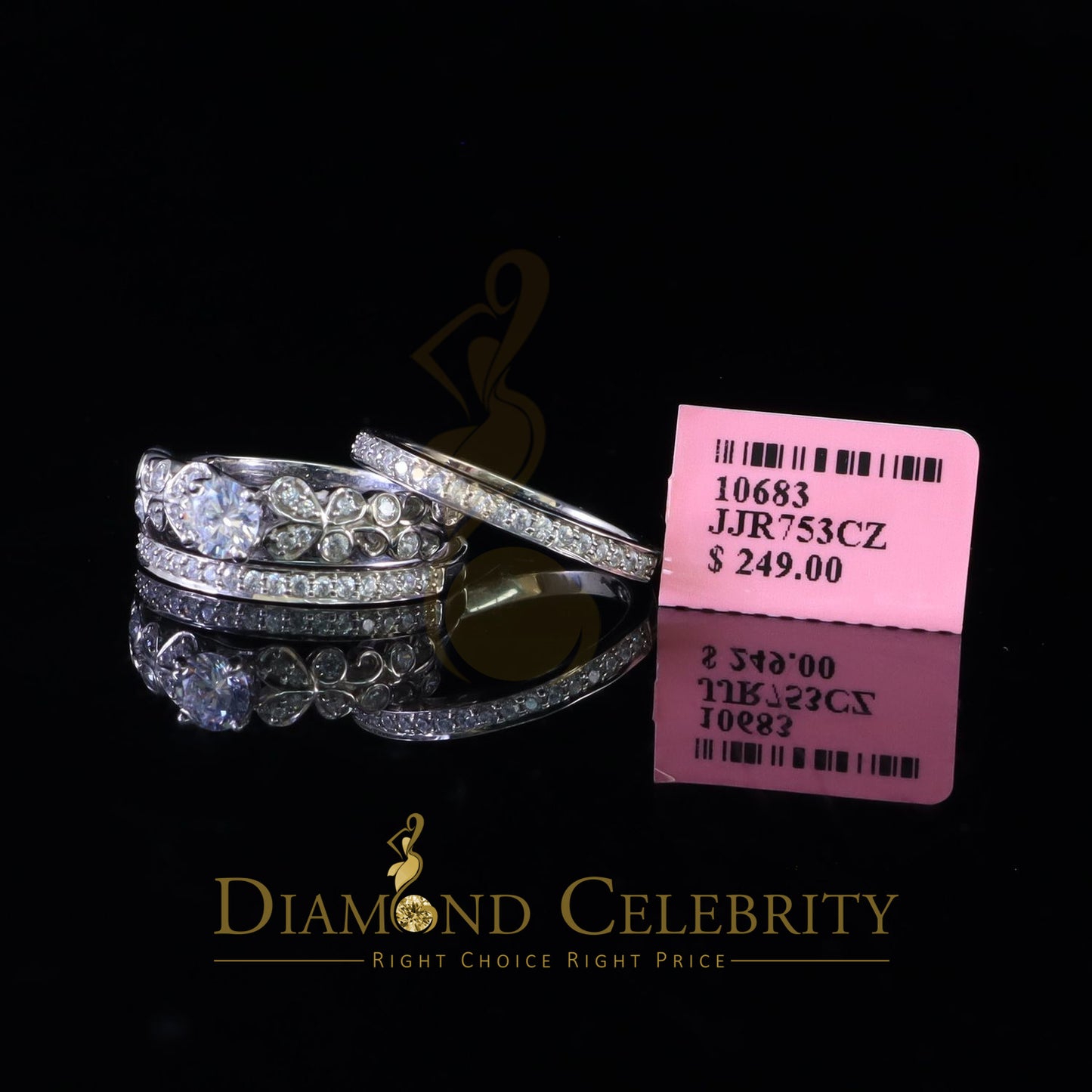 DiamondCelebritees 2.25ct Cubic Zirconia White 925 Sterling Silver Women 3PC Wedding Rings SZ 7