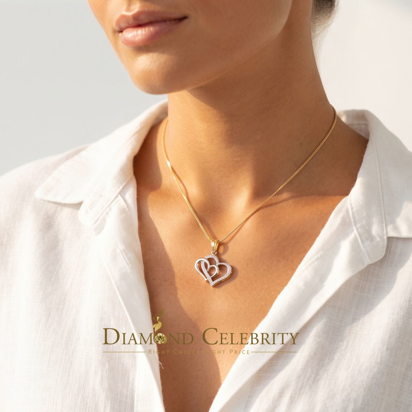 DiamondCelebritees  Two Tone Sterling Silver Yellow Double Heart Pendant 0.25ct Real Diamonds Stone