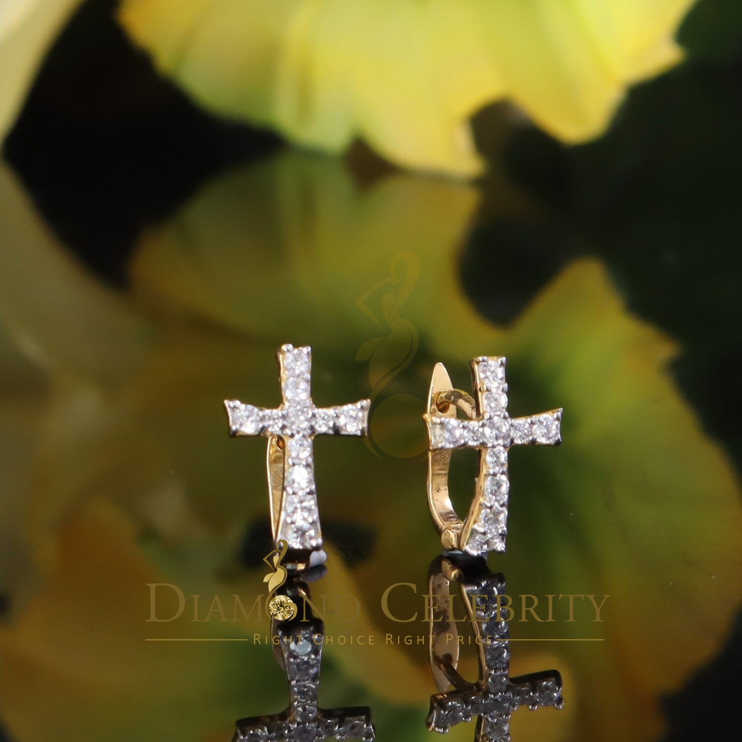 DiamondCelebritees Moissanite Stone 925 Silver Round Yellow Hip Hop Cross Stud Earring Men's/Womens