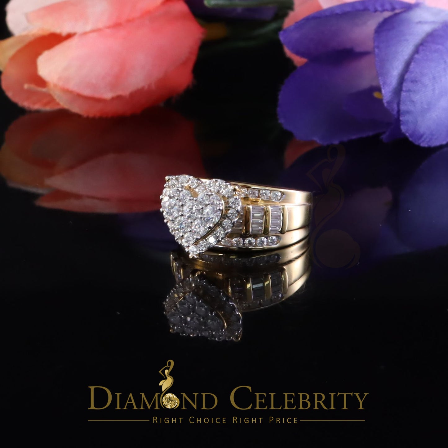 DiamondCelebritees Women's Cinderella Heart Ring Yellow 925 Silver 1.00ct VVS D Moissanite SZ7