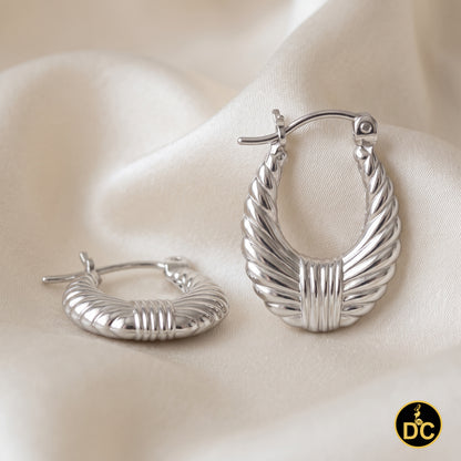 925 Silver Textured Shrimp or croissant Shape Italian Oval 14mm Hoop Earrings