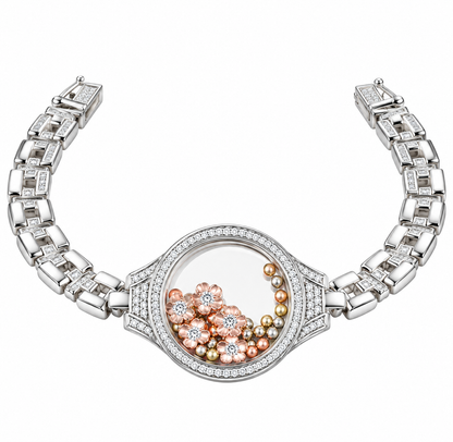 Diamondcelebritees 925 White Sterling Silver Floating Flower Glass / Beads CZ Watch Style Bracelet