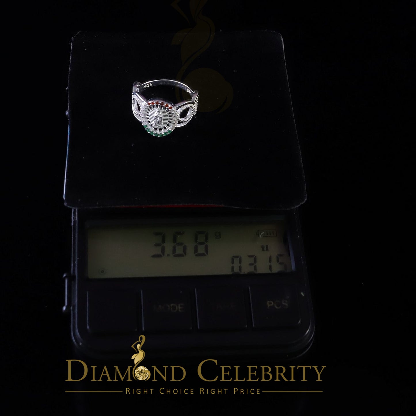 DiamondCelebritees 925 White Virgin Merry Red & Green Round Shape CZ Women's Religious Ring SZ 8