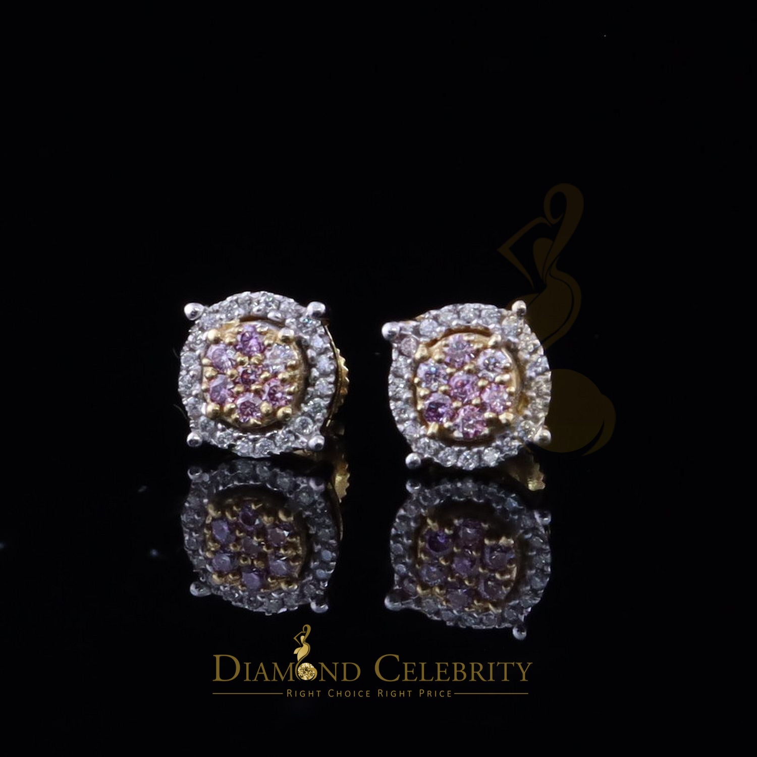 DiamondCelebritees Women's 925 Silver Yellow 0.40ct VVS 'D' Pink Moissanite Round Stud Earrings