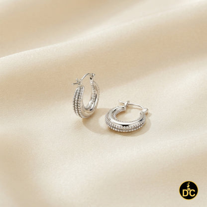 925 Sterling Silver Double-Row Beaded Hallow Vintage Balinese 15mm Hoop Earring
