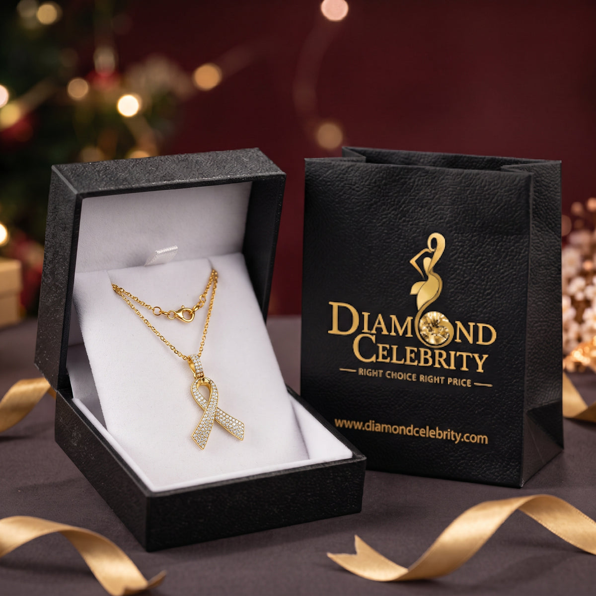 DiamondCelebritees 925 Silver Yellow Clear 0.50ct CZ Hope Ribbon Pendant for Breast Cancer Support