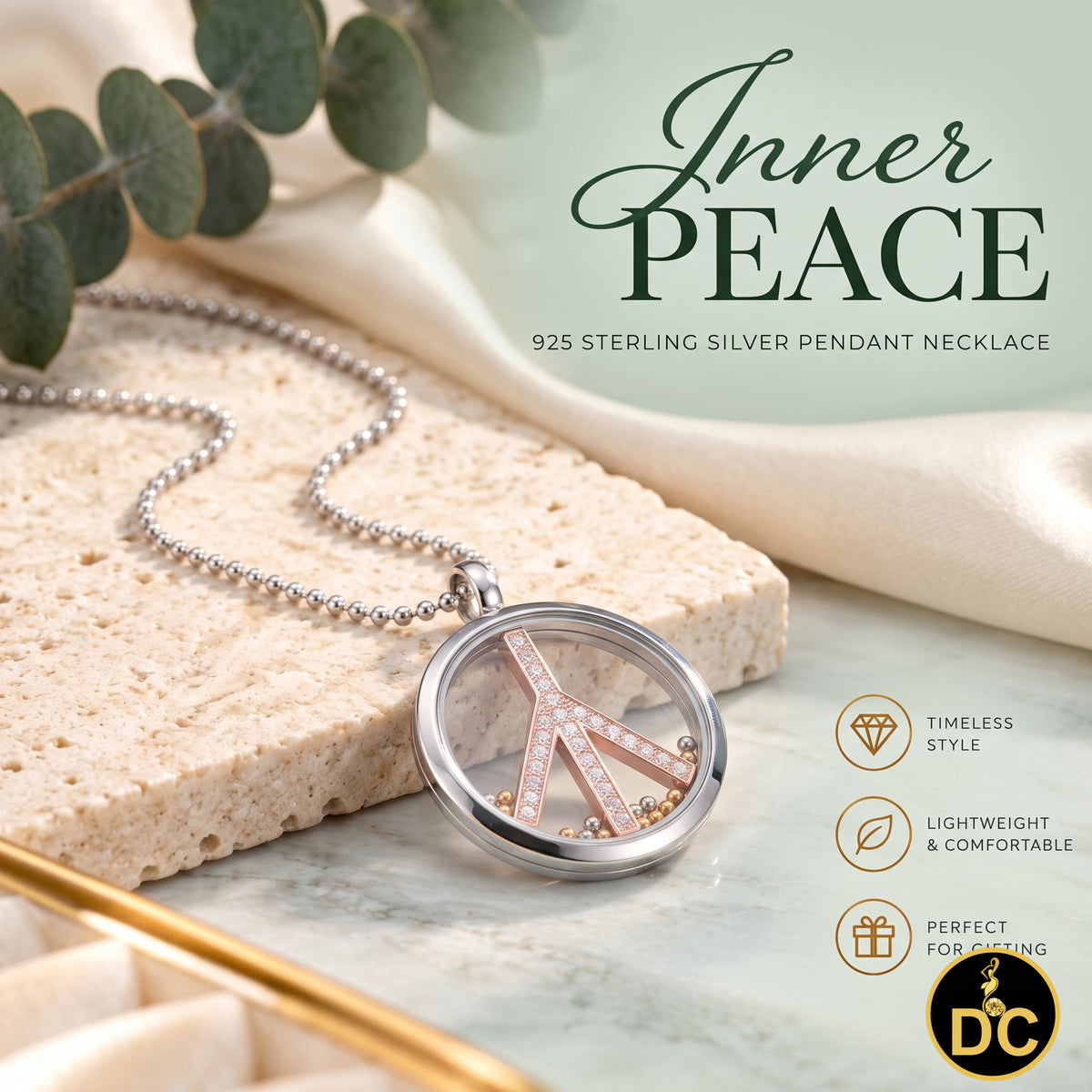 DiamondCelebritees 925 White Sterling Silver Peace Sign Floating Glass 0.25ct Cubic Zircon Pendant