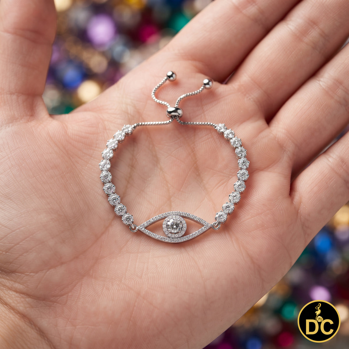 Diamondcelebritees White 925 Silver Eye Shape Bracelet Cubic Zirconia Adjustable Size 7 Inches