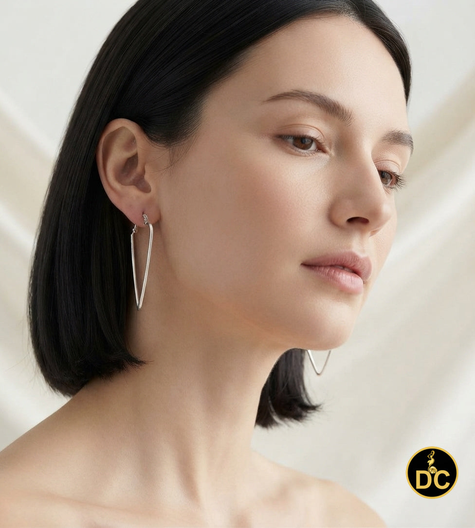 925 Sterling Silver Elongated Triangle long Shape High Polish 40mm Hoop Earrings