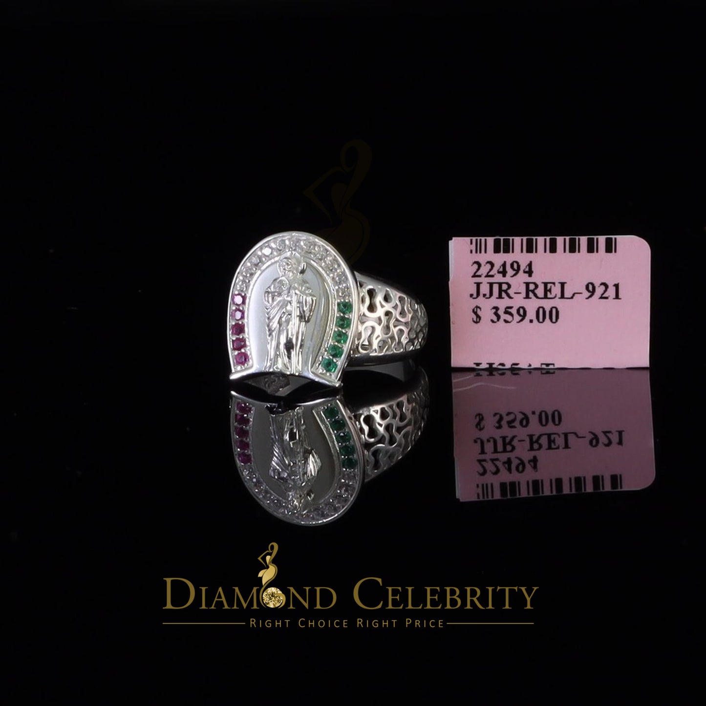 DiamondCelebritees White 925 Silver Saint Jude Thaddeus Pink & Green CZ Horse Shoe Women Ring SZ 6