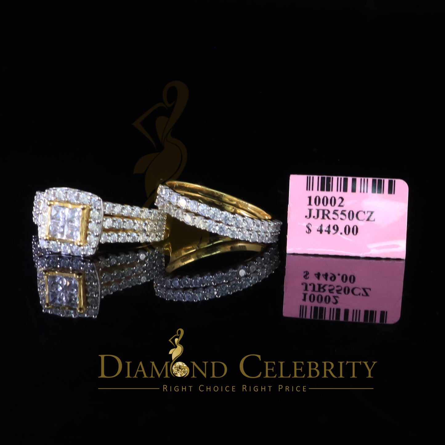 DiamondCelebritees 4.0ct Cubic Zirconia Sterling Yellow Silver Square Bridal Womens Ring Size 7.5