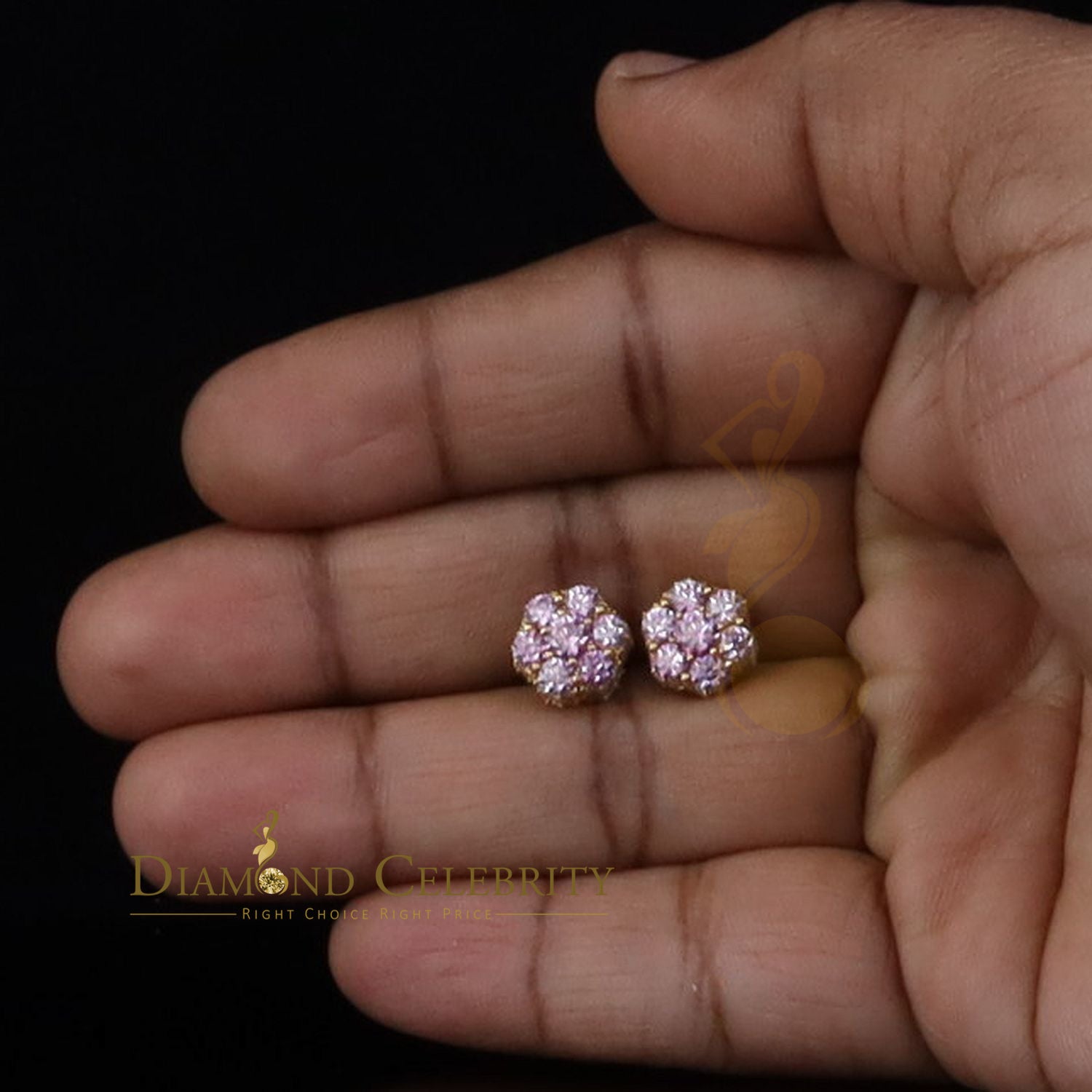 DiamondCelebritees Women's 925 Silver Yellow 2.50ct VVS 'D' Pink Moissanite Floral Stud Earrings