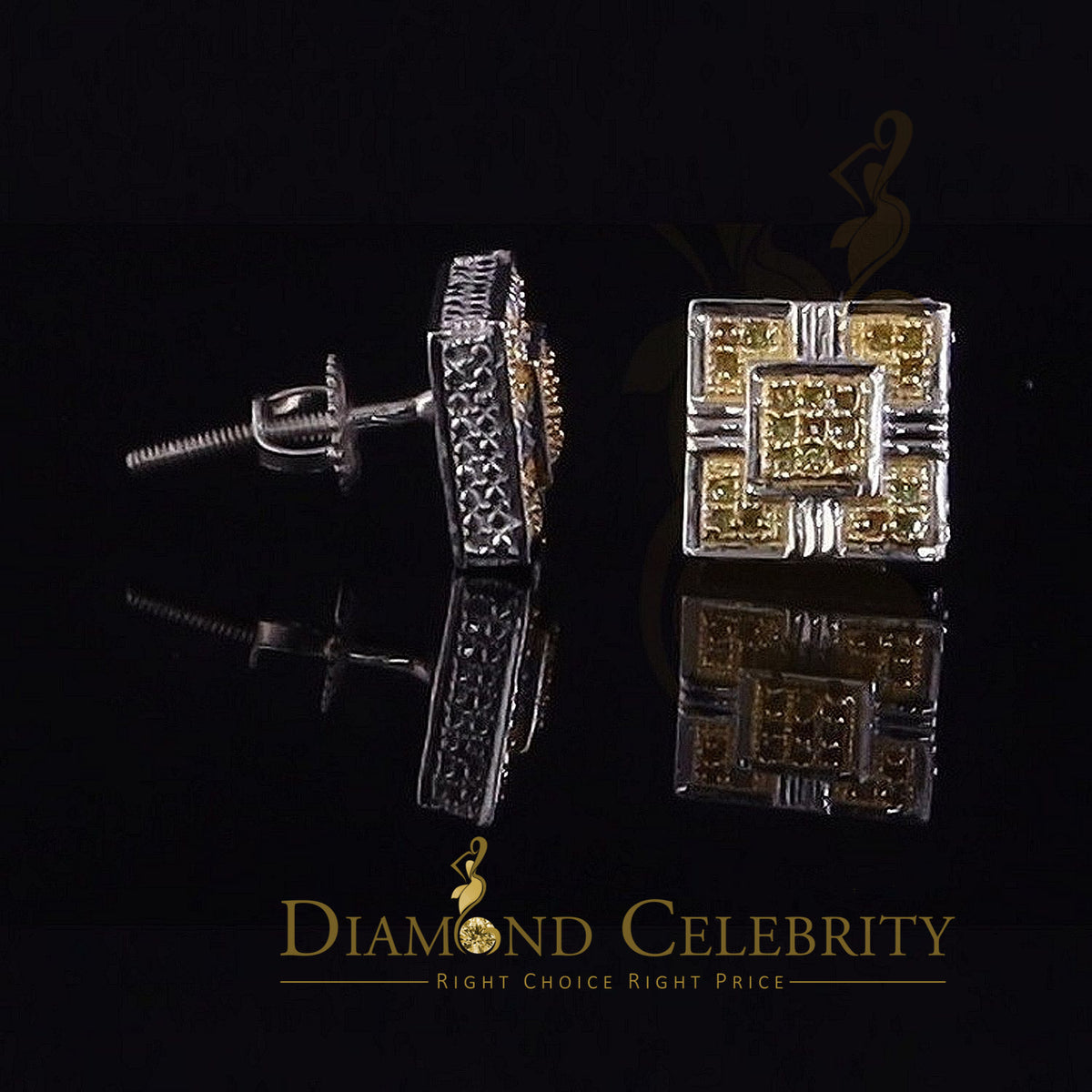 King Of Bling's 0.15ct Round Yellow Diamond 3D Square Earring 925 Sterling White Silver for men