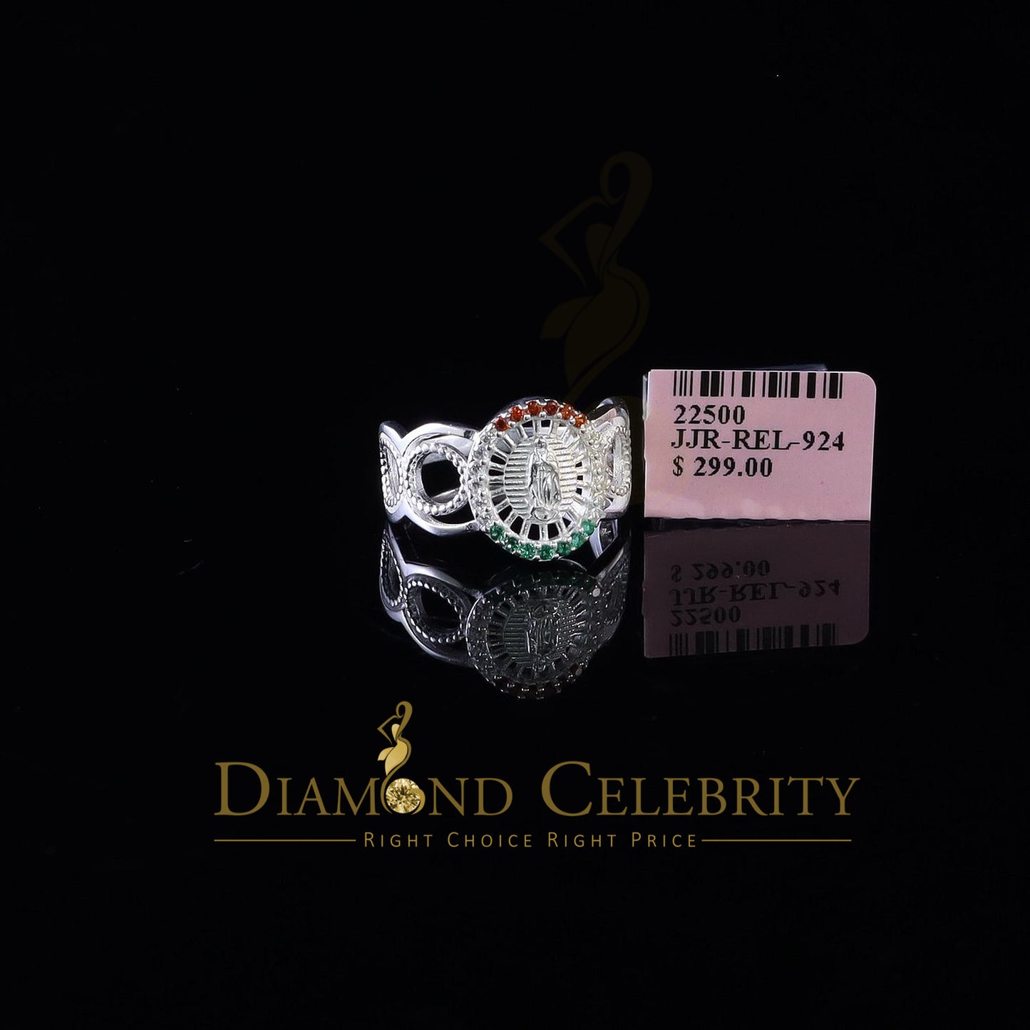 DiamondCelebritees 925 White Virgin Merry Red & Green Round Shape CZ Women's Religious Ring SZ 8