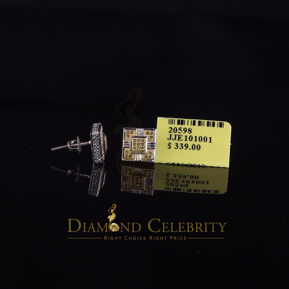 King Of Bling's 0.15ct Round Yellow Diamond 3D Square Earring 925 Sterling White Silver for men