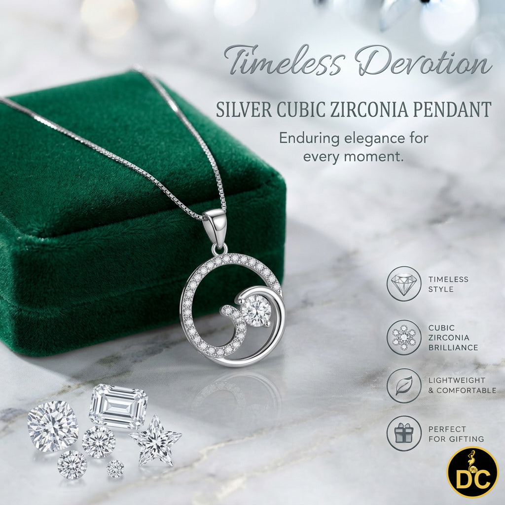 DiamondCelebritees 925 Sterling Silver White Open Circle Swirl Wave Ocean 1inch Pendant 2.92ct CZ