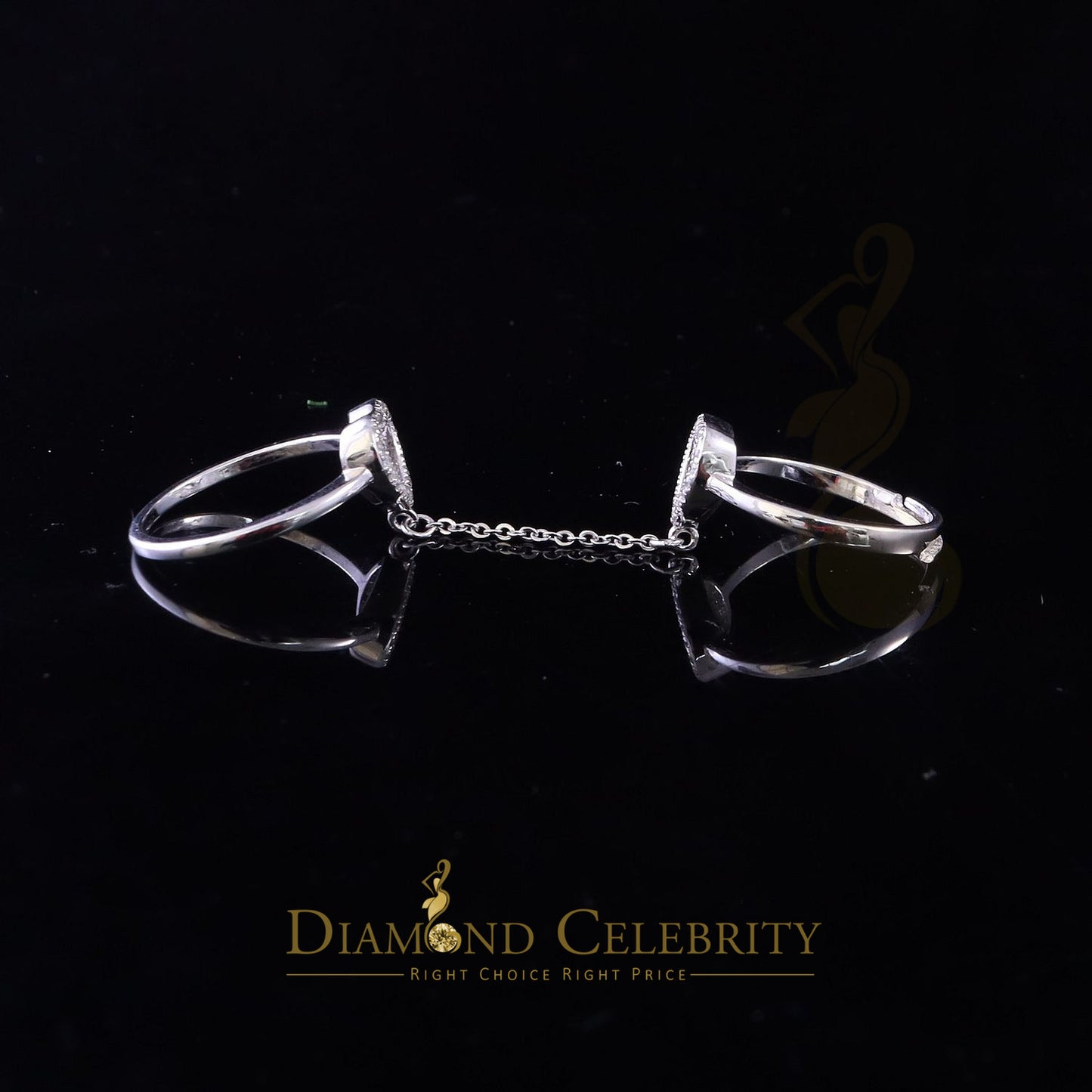 DiamondCelebritees Sterling White Silver 0.50ct Cubic Zirconia Heart Rings W/Connected Chain Size 6