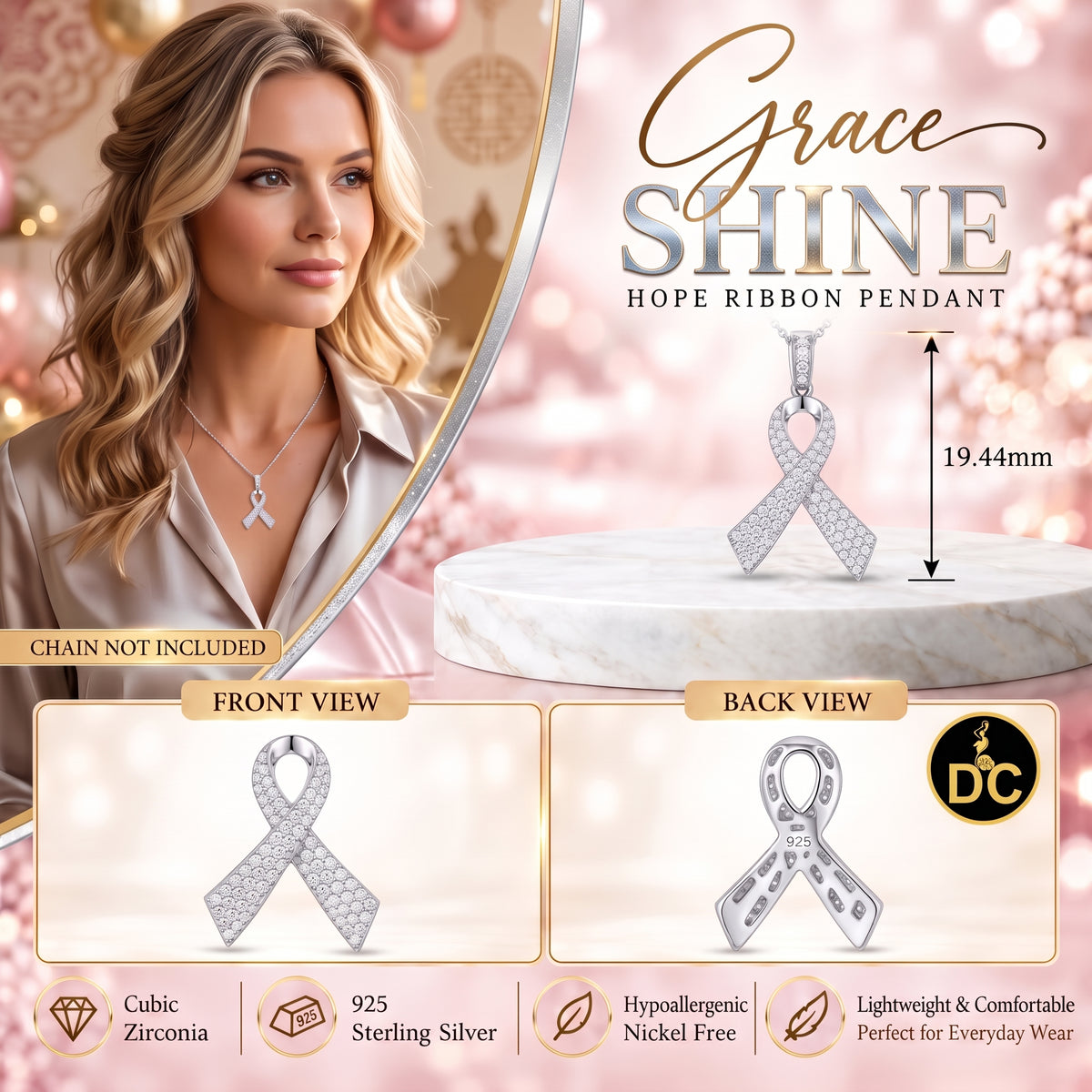 DiamondCelebritees 925 Silver White Clear 0.50ct CZ Hope Ribbon Pendant for Breast Cancer Support