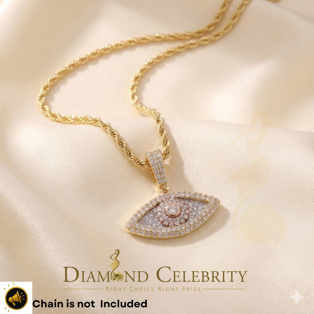 Diamondcelebritees New 2CT VVS D Moissanite Yellow Silver Charm Evil Eye 1 Inch Pendant Men & Women