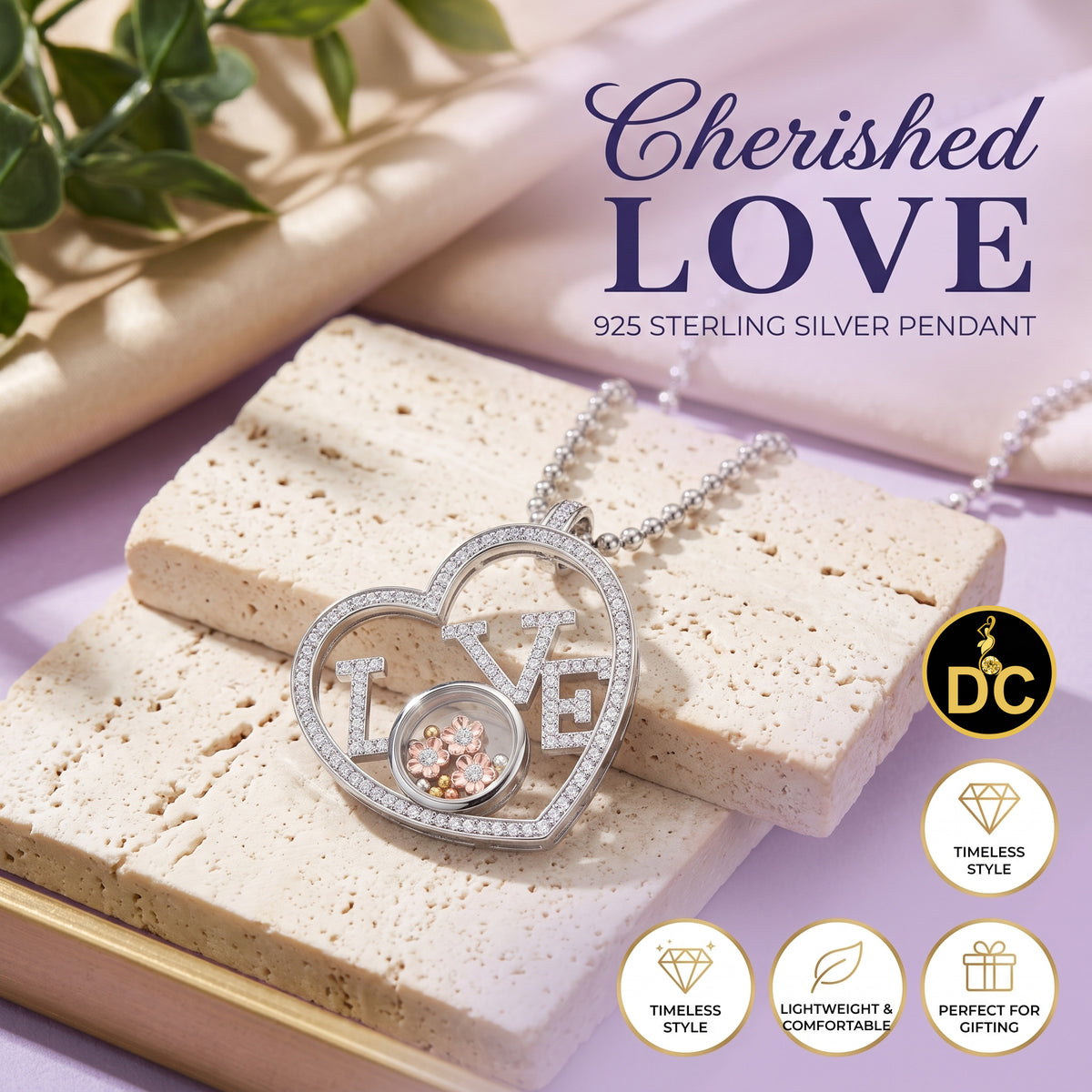DiamondCelebritees 925 White Sterling Silver LOVE IN HEART Floating Bead Glass CZ Slide Pendant