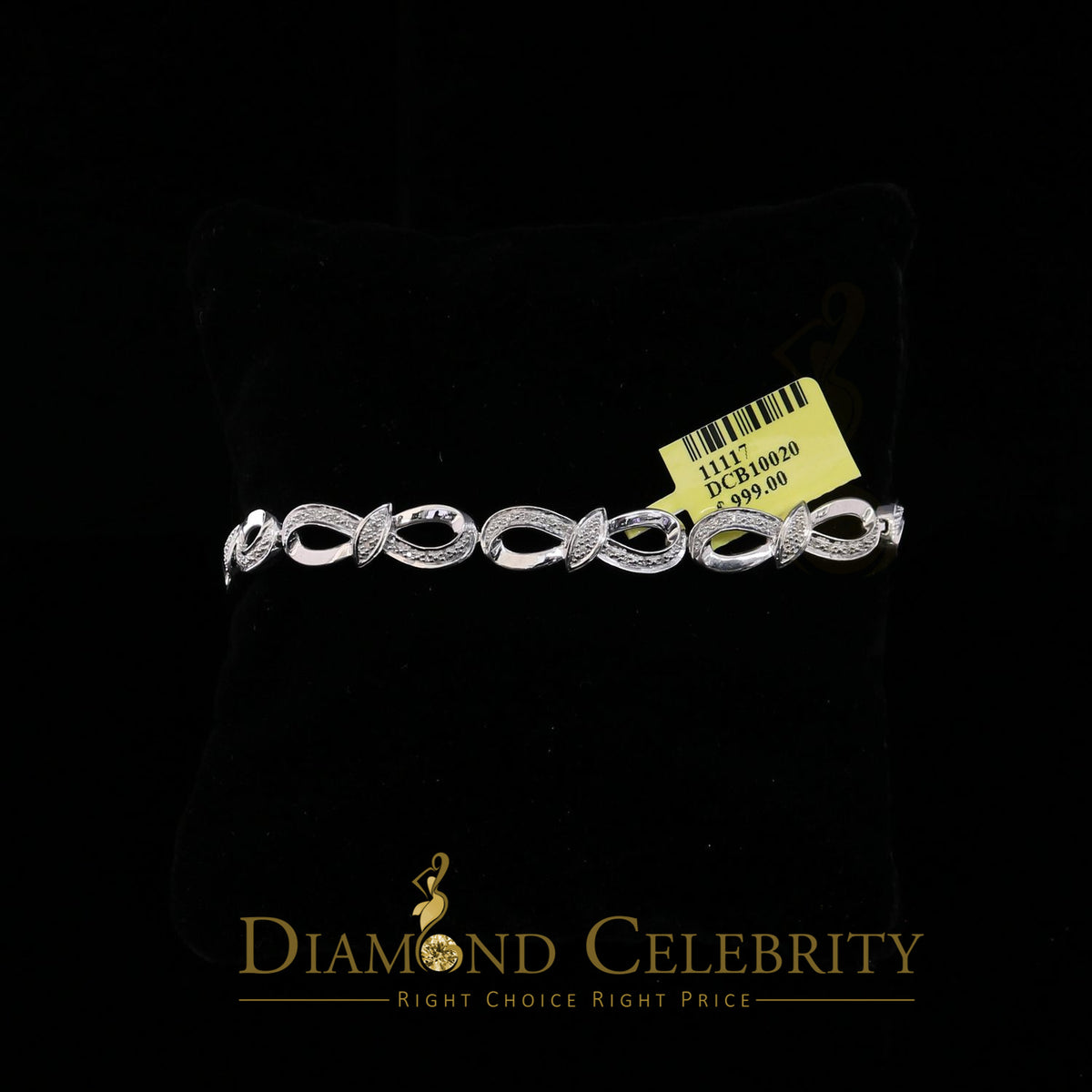 Diamondcelebritees 925 Sterling Silver Infinity Style 0.15CT Real Diamond Bracelet Size 7.5 Inch