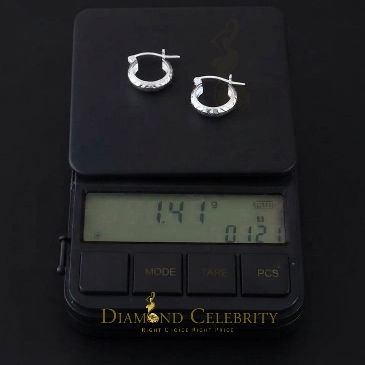 925 Sterling Silver Shiny Diamond-Cut Wide Reflective Textured 15mm Hoop Earring