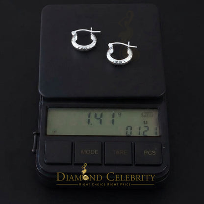 925 Sterling Silver Shiny Diamond-Cut Wide Reflective Textured 15mm Hoop Earring