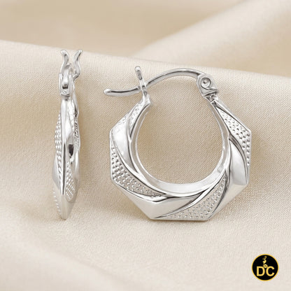 925 Silver Octagonal Shape W/Polished facets & textured dotted 16mm Hoop Earring
