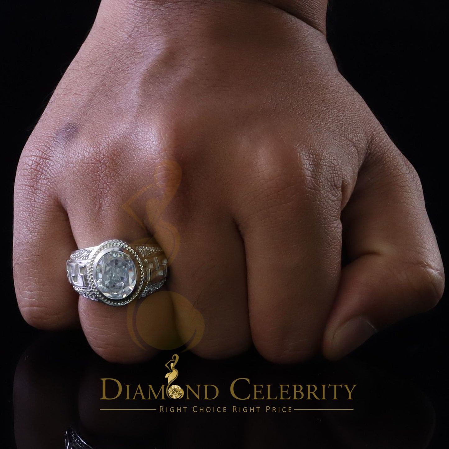 DiamondCelebritees 8.10ct White Silver Oval Cubic Zirconia Men Adjustable Ring From SZ 9 to 11