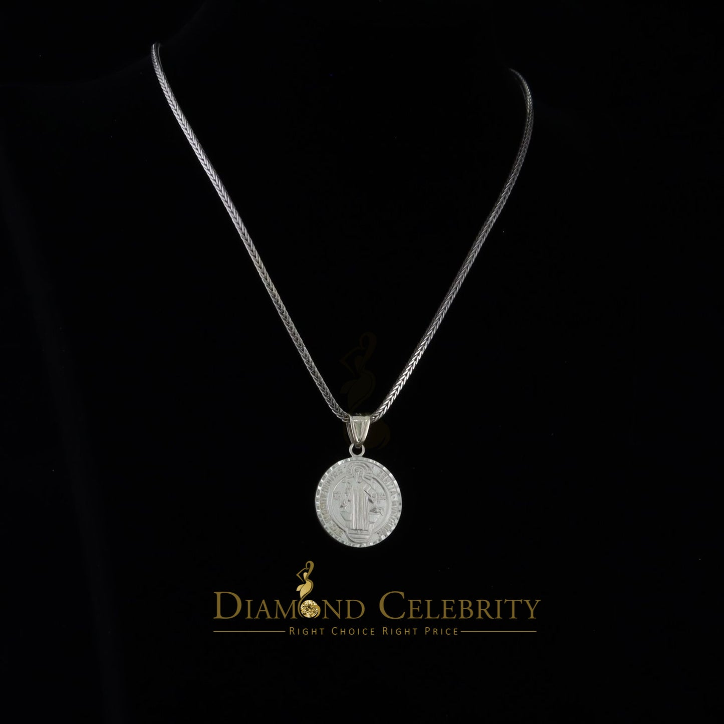 DiamondCelebritees Double Side Jesus Crusification & ST Benadict Men/Women Pendant White 925 Silver