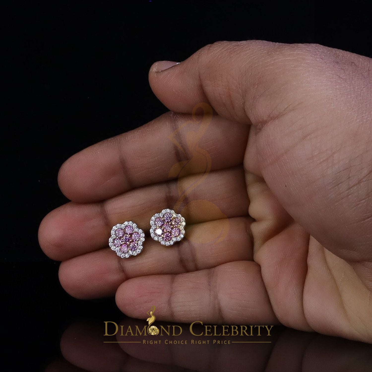 DiamondCelebritees Mens/Women's 925 Silver Yellow 1.50ct VVS D Pink Moissanite Floral Stud Earrings