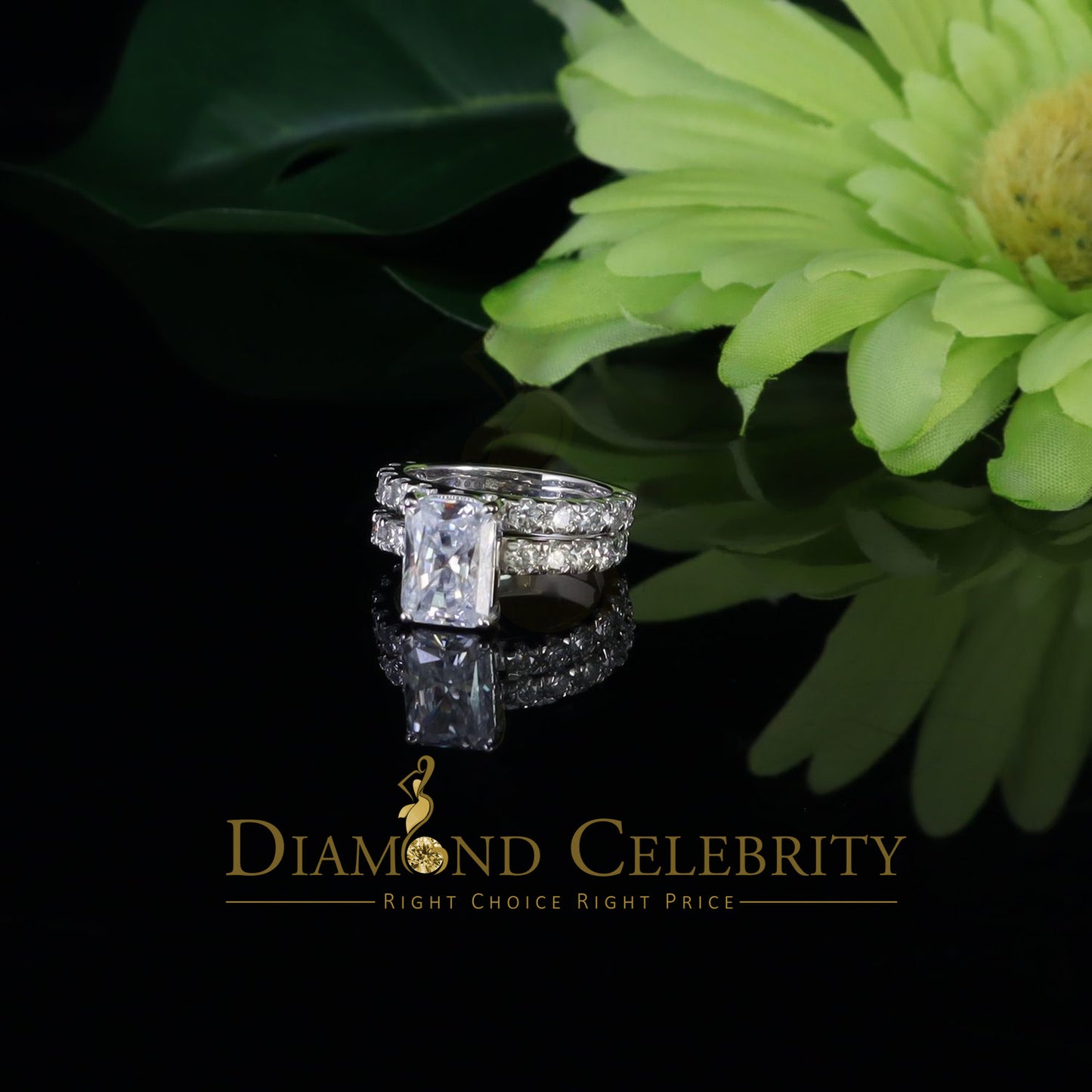 DiamondCelebritees 925 Silver Mens/Women Bridal Rings Emerald Shape Size 8 White 7.00ct Moissanite