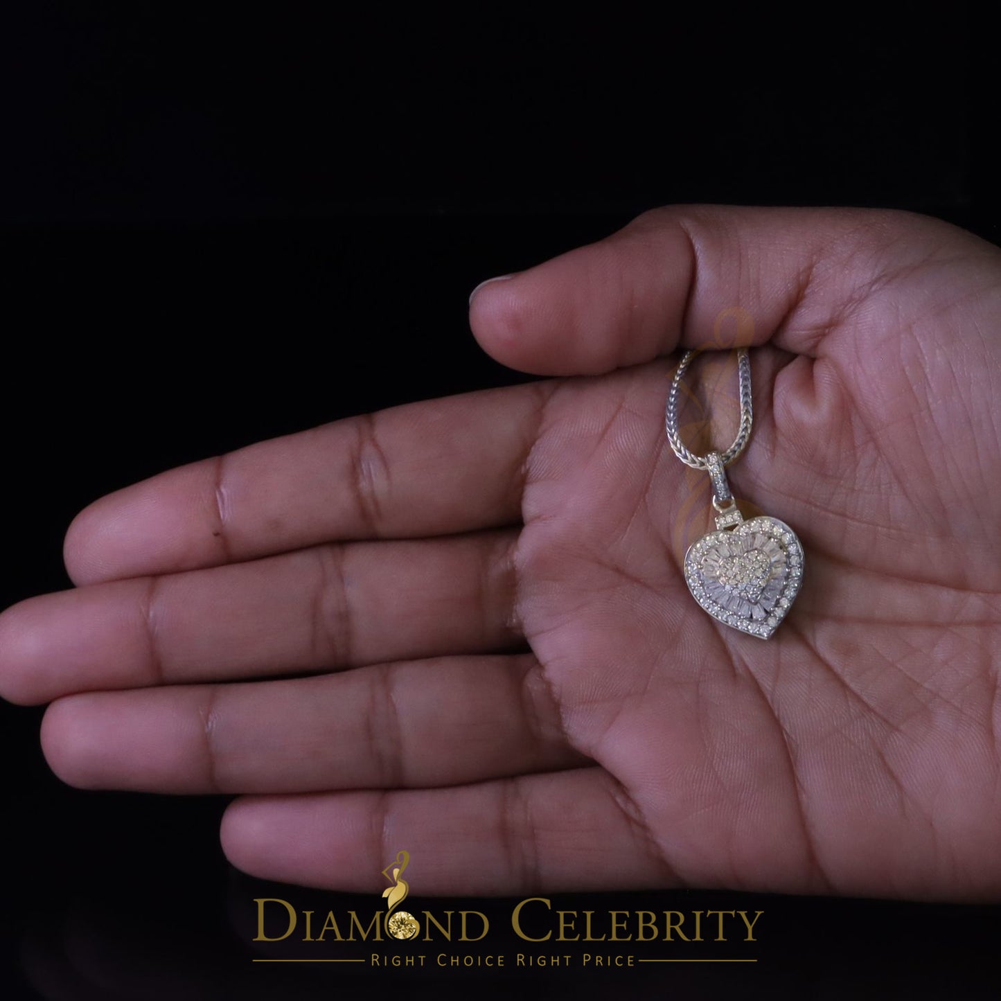 Diamondcelebritees  Women's White 925 Silver 1.00ct Moissanite Baguette & Round Heart Pendant