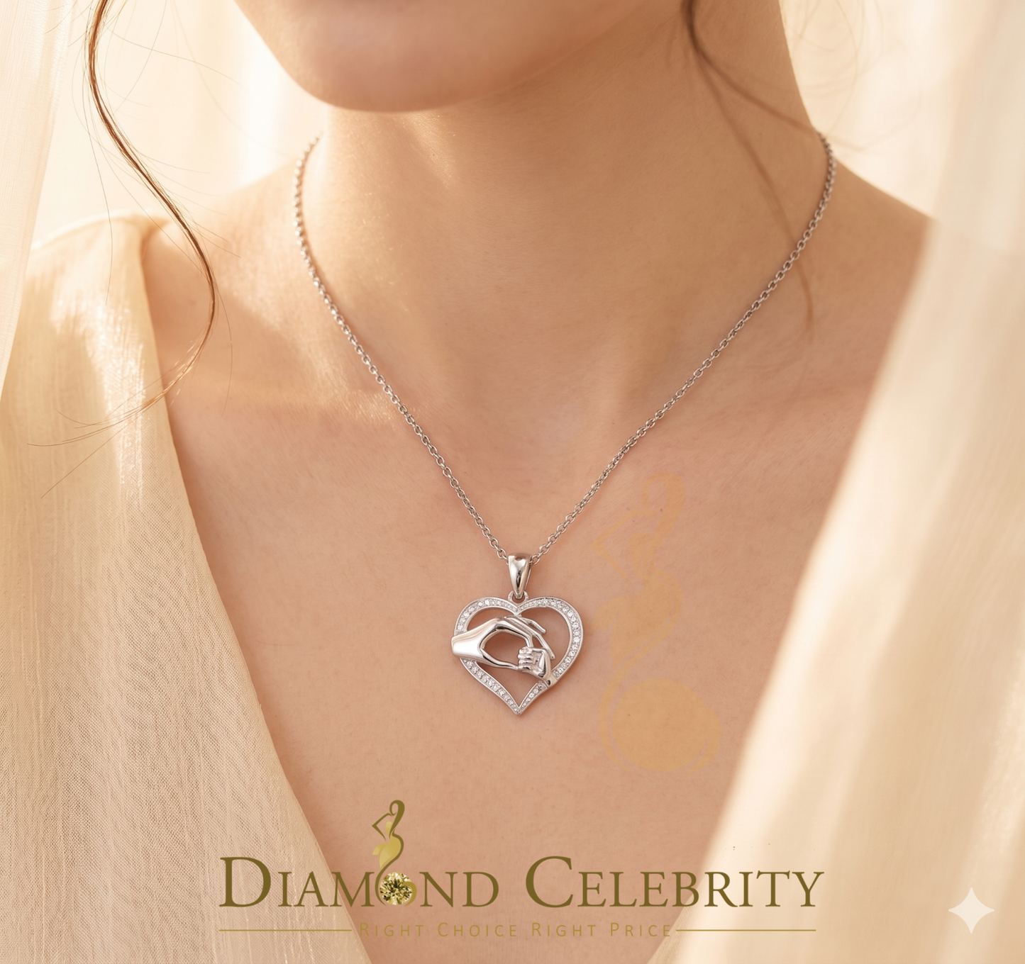 DiamondCelebritees  Real 0.10CT Diamond Heart In MOM'S CARE Sterling Silver White Necklace Pendant