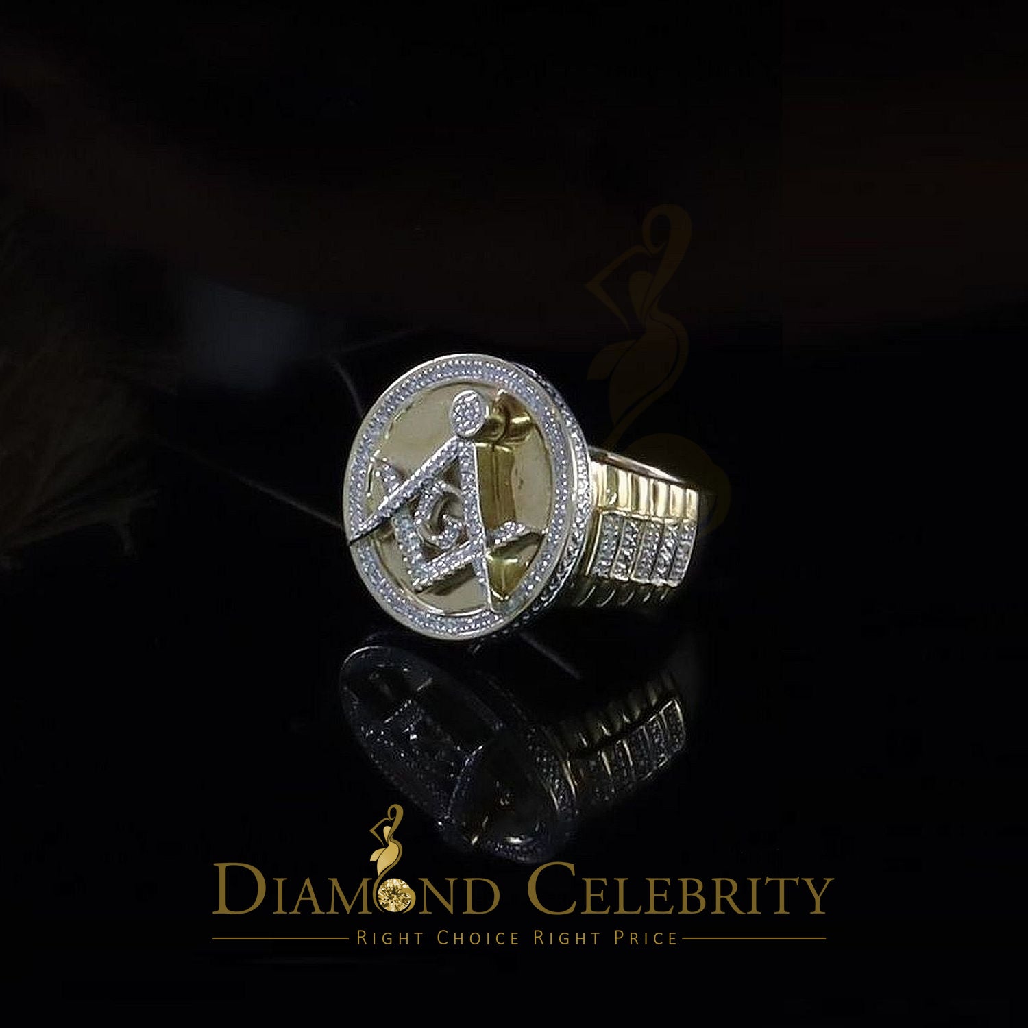 0.25 CT Diamond Men's Silver 925 Yellow Adjustable Masonic Ring From SZ 10 to 12