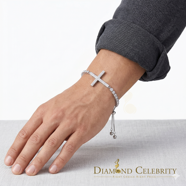 Diamondcelebritees White Sterling Silver Cross Shape Bracelet Cubic Zirconia Adjustable Size