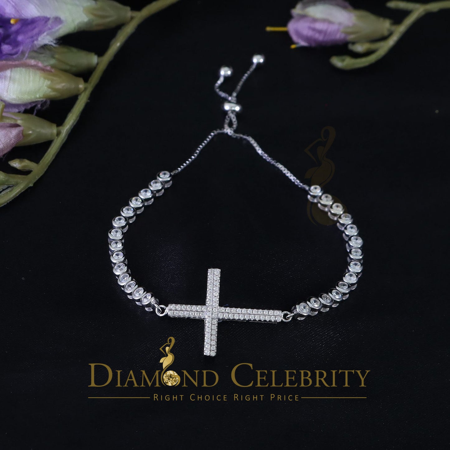 Diamondcelebritees White Sterling Silver Cross Shape Bracelet Cubic Zirconia Adjustable Size