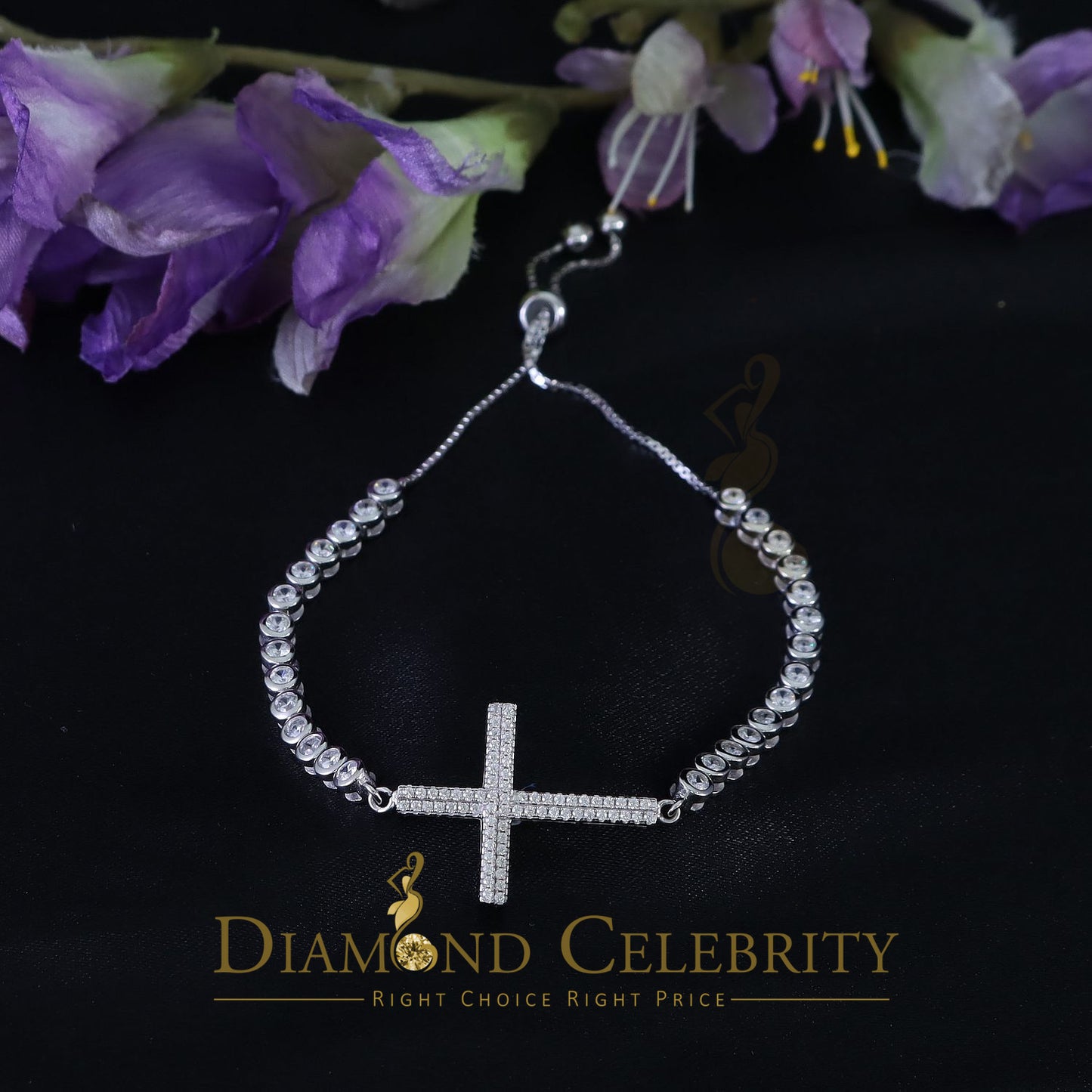 Diamondcelebritees White Sterling Silver Cross Shape Bracelet Cubic Zirconia Adjustable Size