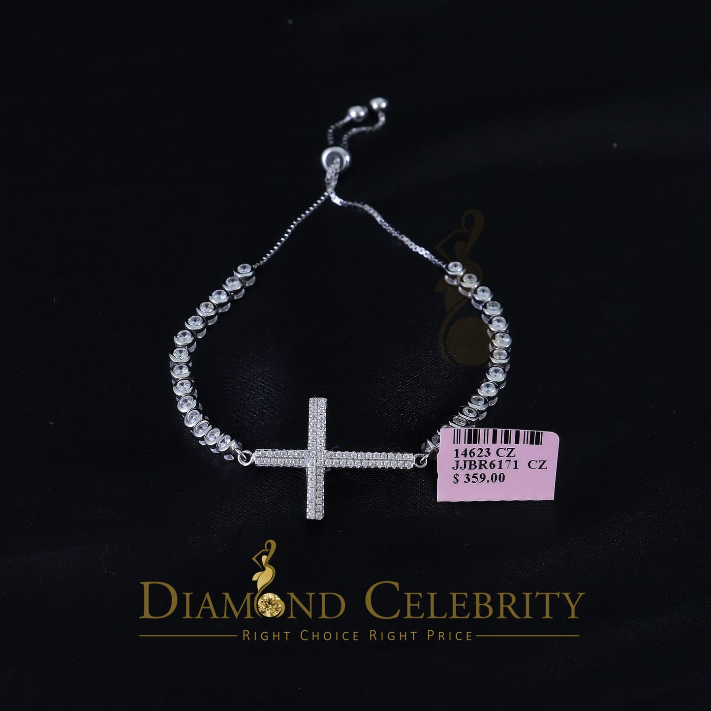 Diamondcelebritees White Sterling Silver Cross Shape Bracelet Cubic Zirconia Adjustable Size
