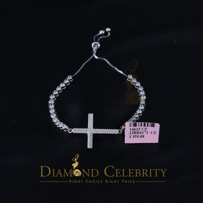 Diamondcelebritees White Sterling Silver Cross Shape Bracelet Cubic Zirconia Adjustable Size