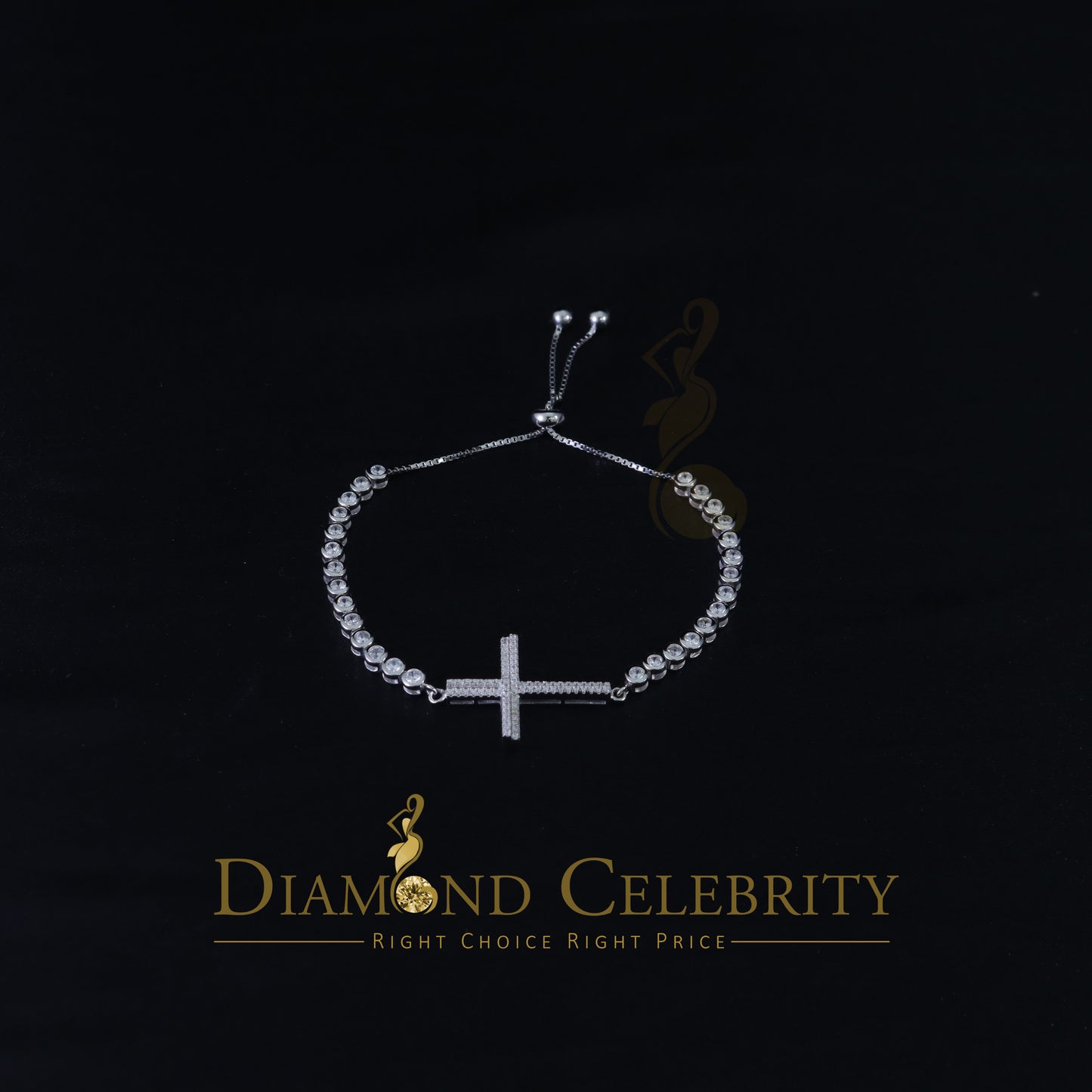Diamondcelebritees White Sterling Silver Cross Shape Bracelet Cubic Zirconia Adjustable Size