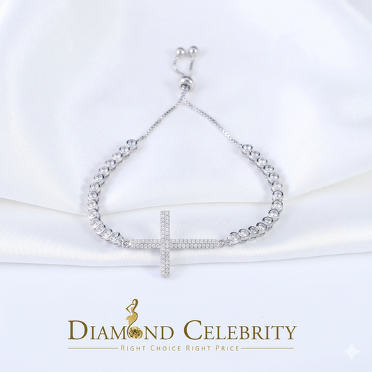 Diamondcelebritees White Sterling Silver Cross Shape Bracelet Cubic Zirconia Adjustable Size