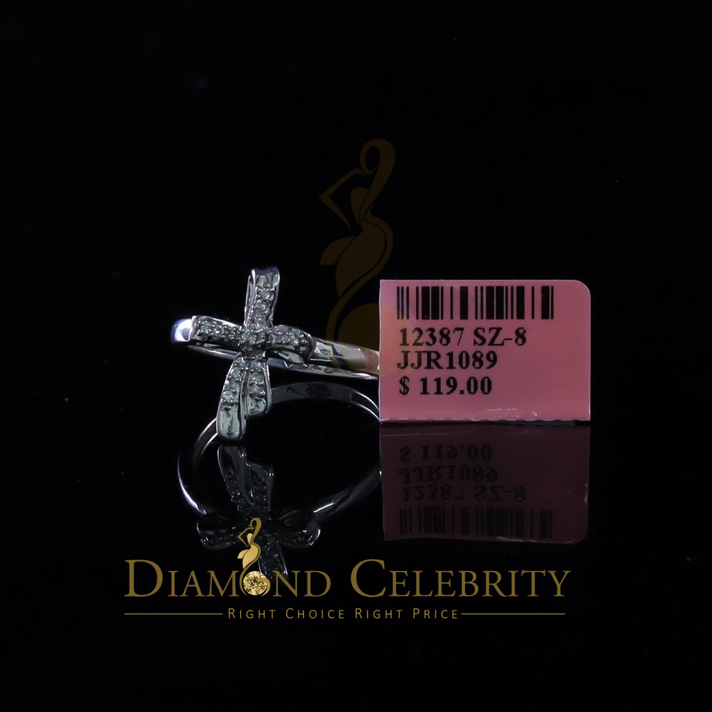 DiamondCelebritees 925 Sterling White Silver Shiny Cross 0.17ct Cubic Zirconia Womens Ring Size 8