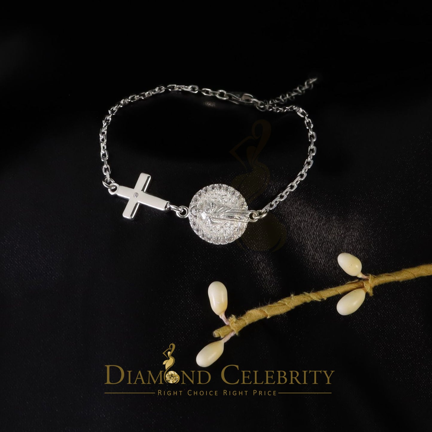 Diamondcelebritees CZ White Women's 925 Sterling Silver Virgin Merry and Cross Bracelet SZ 8