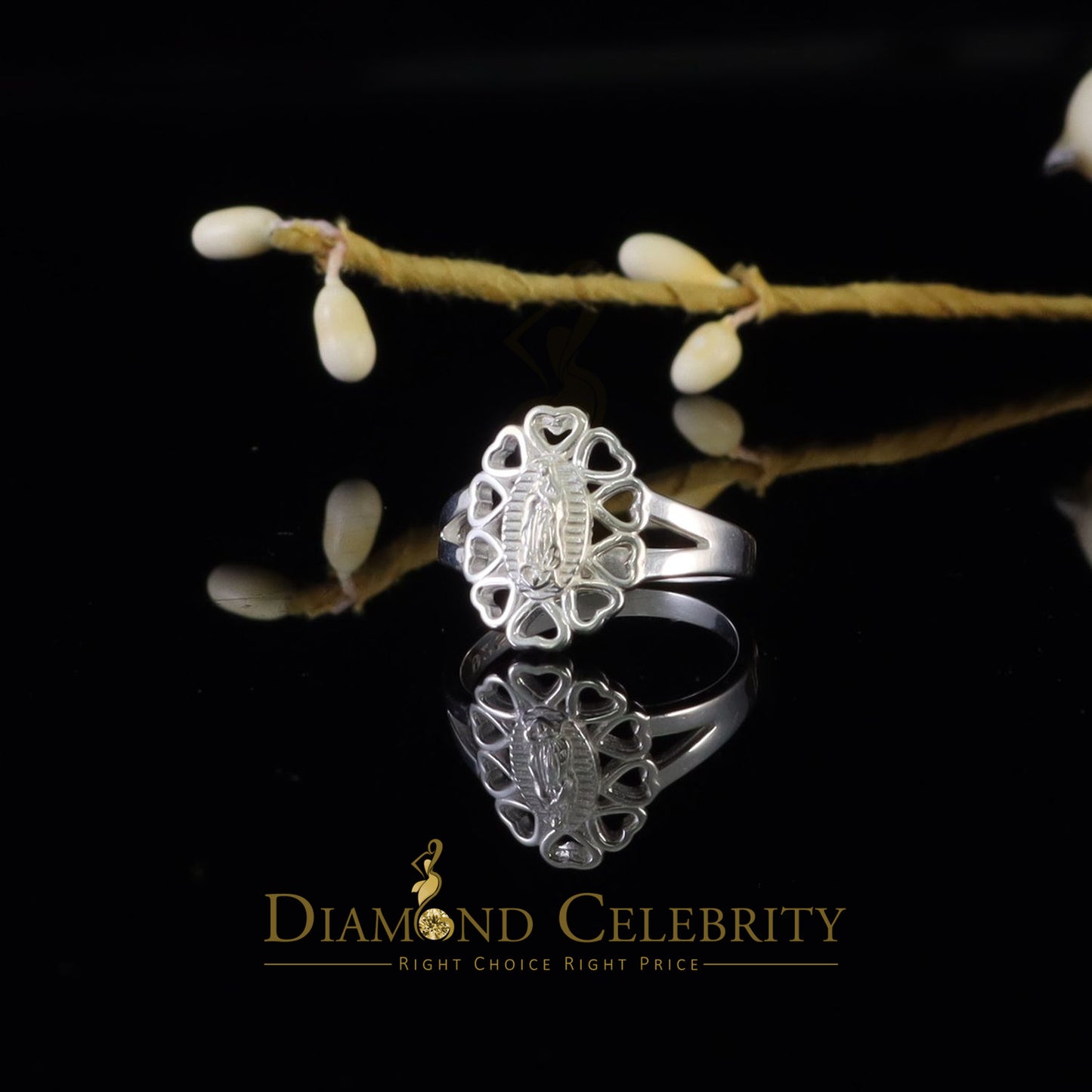 DiamondCelebritees White 925 Silver Virgin Mary Heart shape cutout Women Faith Protection Ring SZ 8