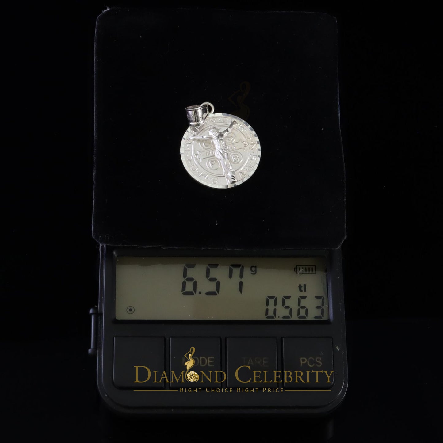 DiamondCelebritees Double Side Jesus Crusification & ST Benadict Men/Women Pendant White 925 Silver
