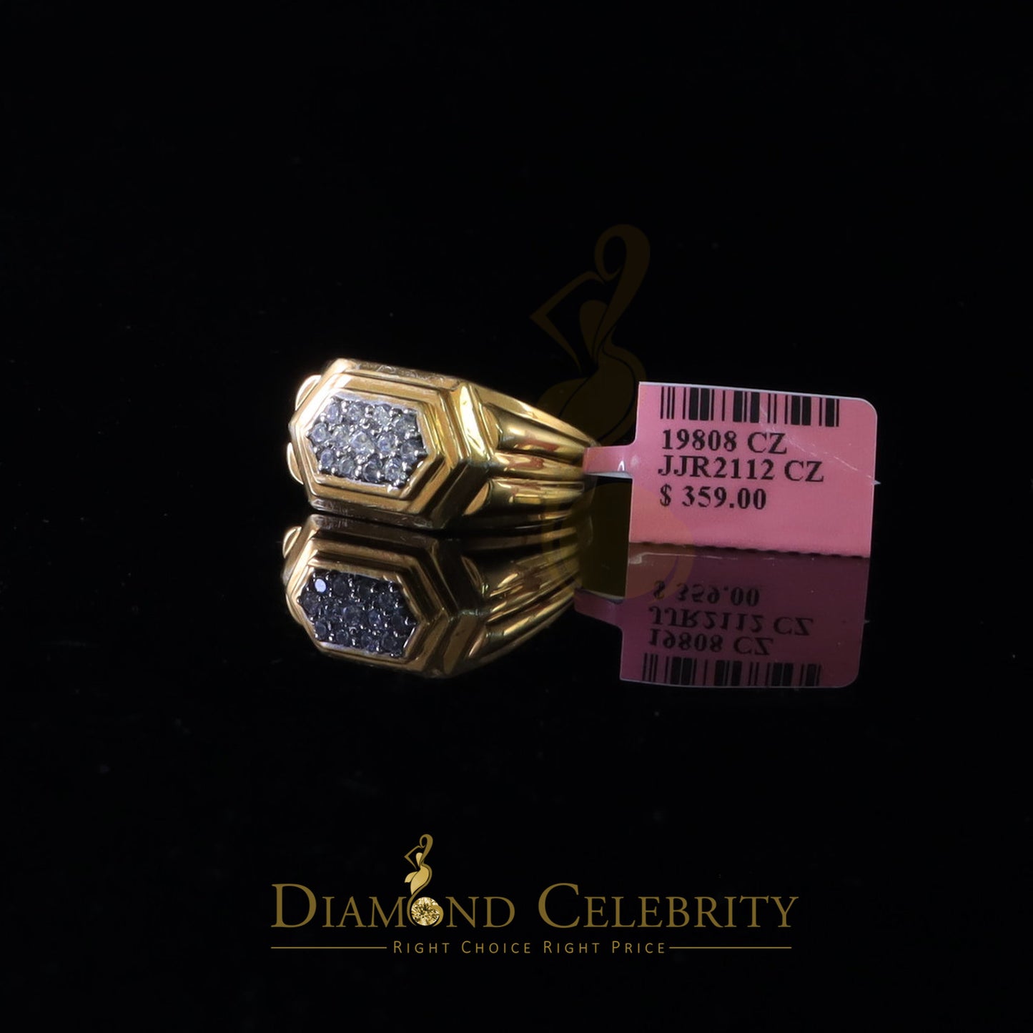 DiamondCelebritees 925 Sterling Yellow Silver 0.39ct Cubic Zirconia Hexagon Men Ring Size 9